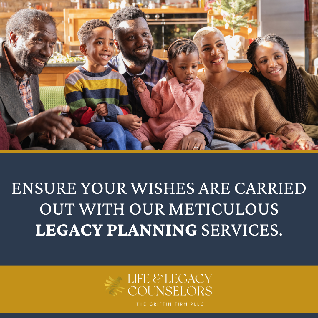 A family is sitting on a couch with their wishes carried out with our meticulous legacy planning services.