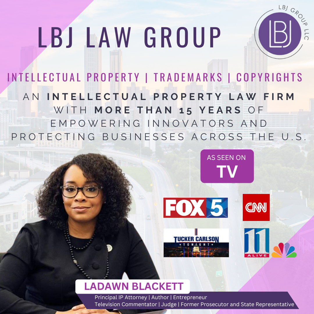 A woman is sitting in front of a sign that says lbj law group