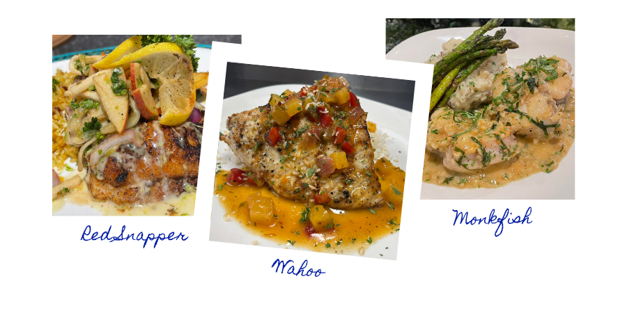 Picture collage of three fish entrees