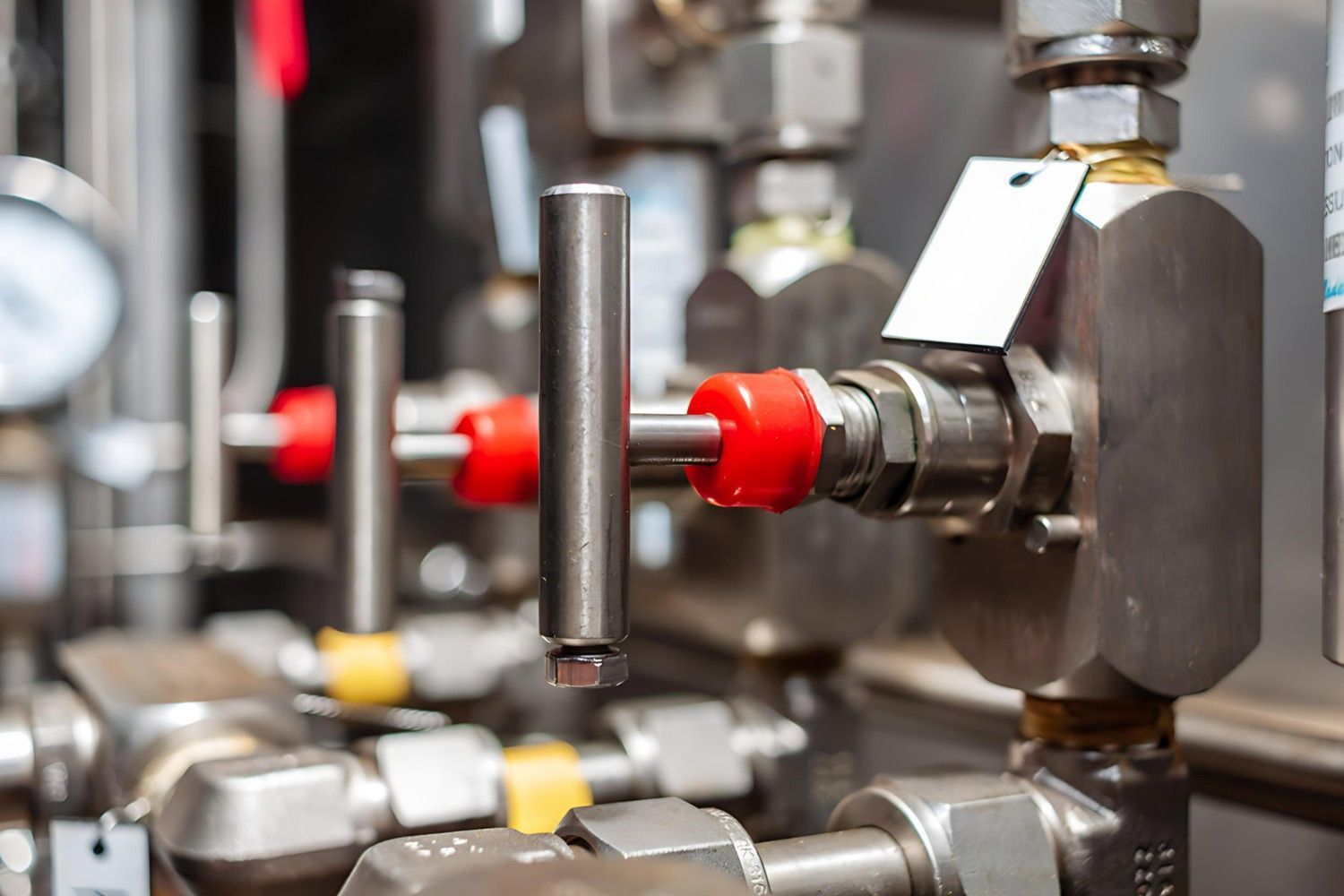 A Row of Stainless Steel Pipes with Red Handles in A Factory — B3 Plumbing in Flynn, ACT
