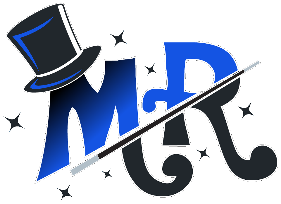 Mike Raymer Magician logo with a blue and yellow background