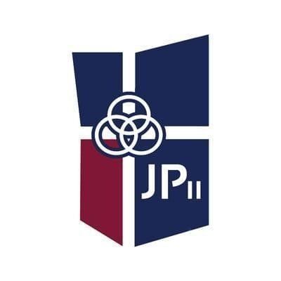 Shield logo, navy and burgundy with white cross. White intertwined rings and