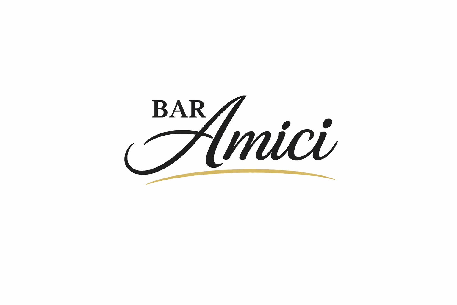Logo voor "Bar Amici". Zwart schrijflettertype, gouden accentlijn. "Bar" boven "Amici".
