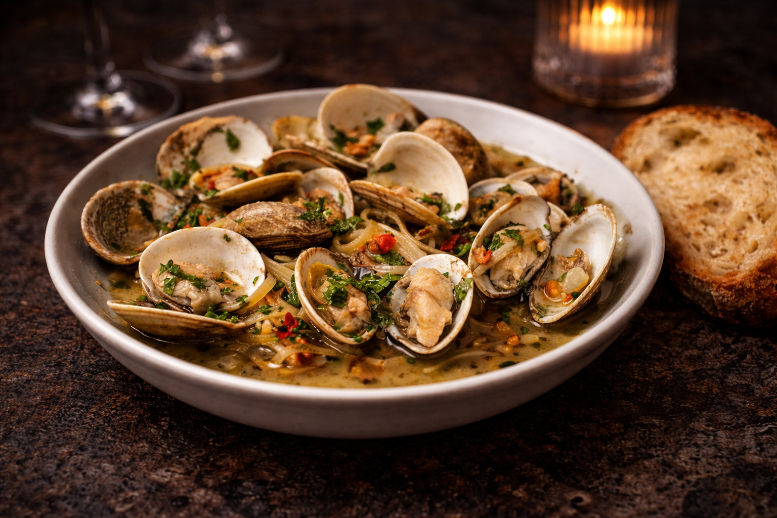 Een kom gestoomde mosselen in bouillon, met brood en een brandende kaars op de achtergrond.
