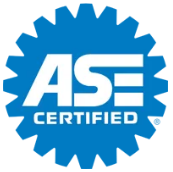 ASE Certified logo in blue and white, a cogwheel with 