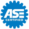 ASE Certified logo in blue and white, a cogwheel with