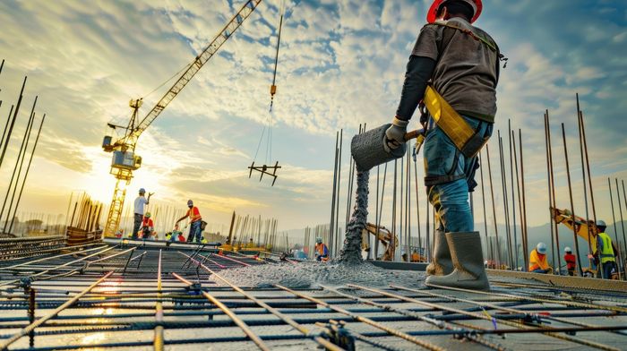 A construction worker is pouring concrete on a construction site.