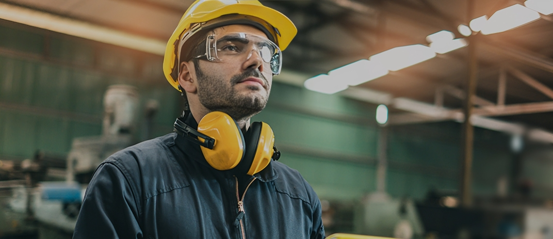 Un hombre que lleva casco, orejeras y gafas protectoras está parado en una fábrica.