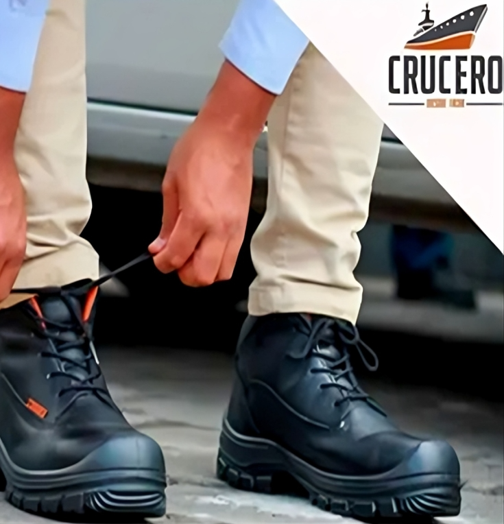 Una persona atándose las botas con el logo de crucero al fondo