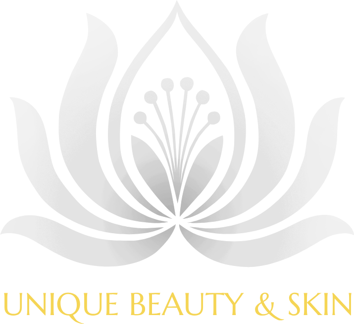 Logo of a white lotus flower with "UNIQUE BEAUTY & SKIN" in gold text beneath.