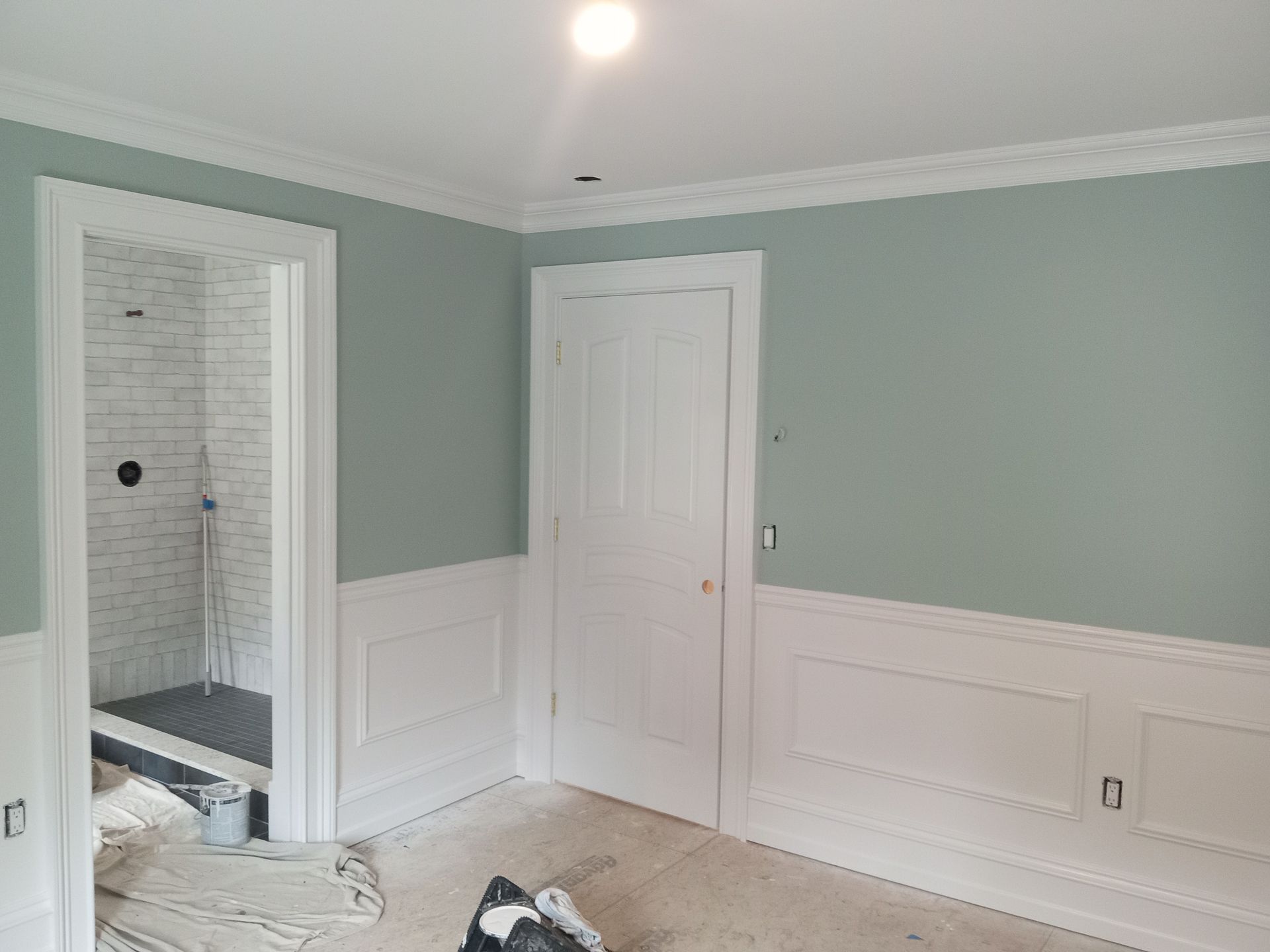 Room with pale green walls, white trim, and a door leading to a shower.
