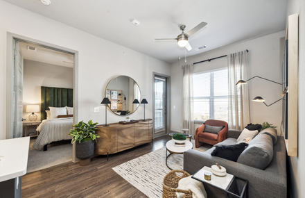 Bright living room with gray sofa, leather chair, wooden console, round mirror, and sunlight through large windows