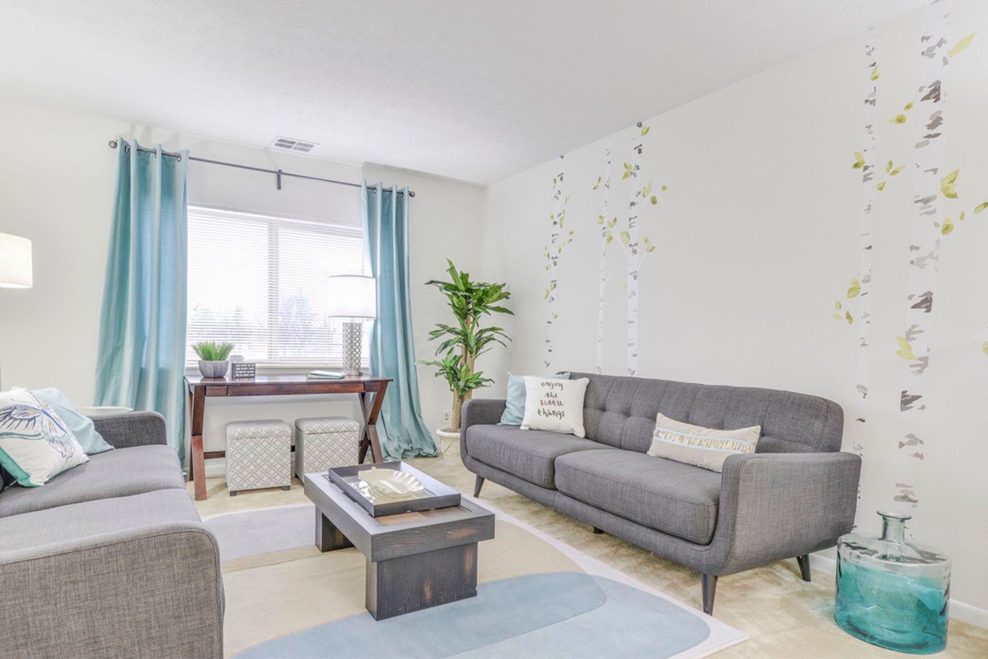 Living room in an apartment with a gray sofa, turquoise curtains, and birch-tree wall decals at the Reserves at Arlington in Columbus, OH.
