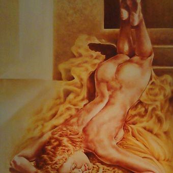 a painting of a woman laying on a bed with red sheets .