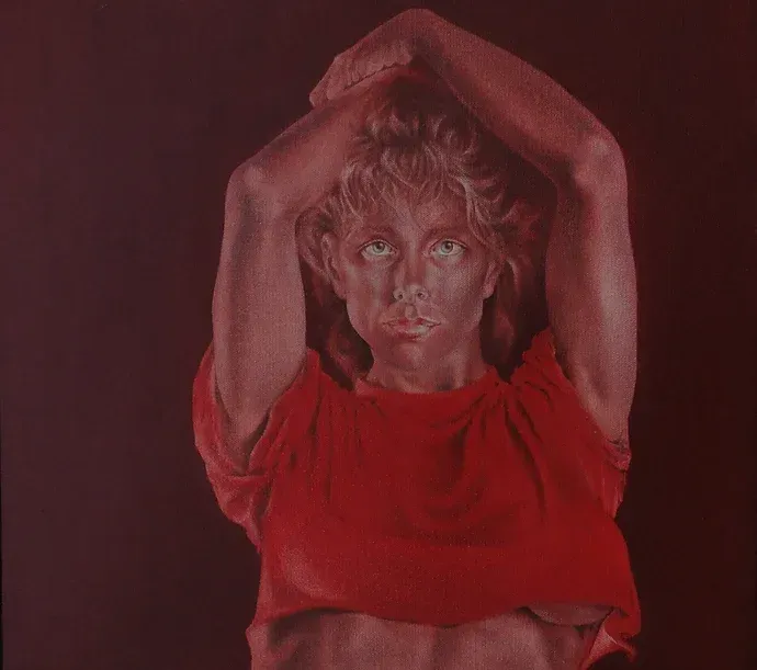 a painting of a woman in a red shirt with her hands on her head .