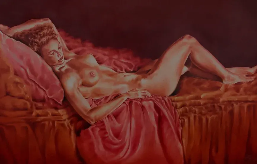 painting of a woman laying on a bed