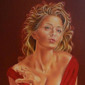 it is a painting of a woman in a red dress .