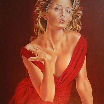 it is a painting of a woman in a red dress .