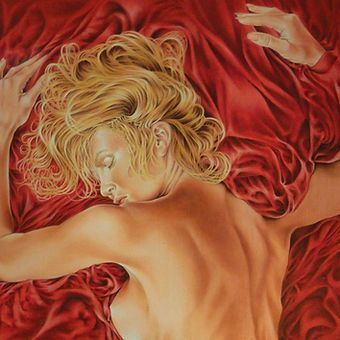 a painting of a woman laying on a bed with red sheets .