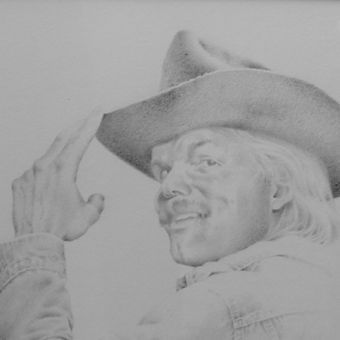a black and white drawing of a man wearing a cowboy hat .