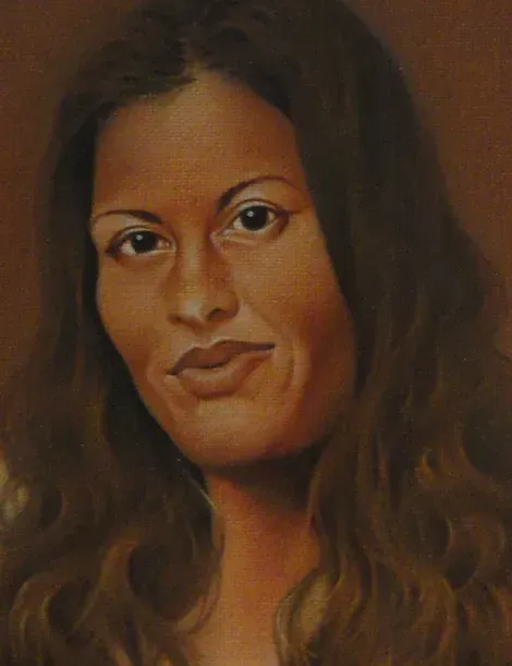 a painting of a woman with long brown hair