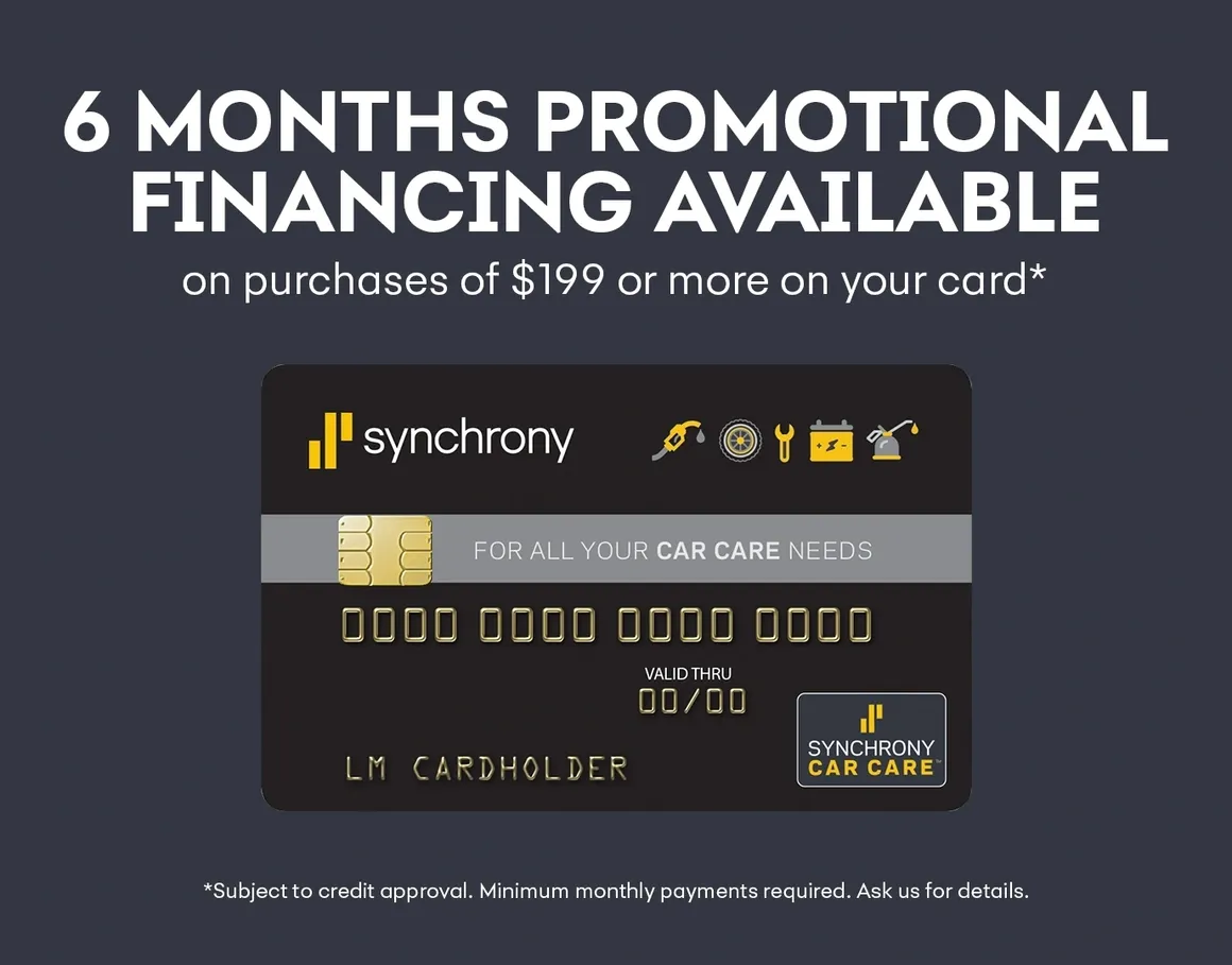 Advertisement for the Synchrony Car Care credit card, offering 6 months promotional financing on purchases of $199 or more. | Equality Automotive