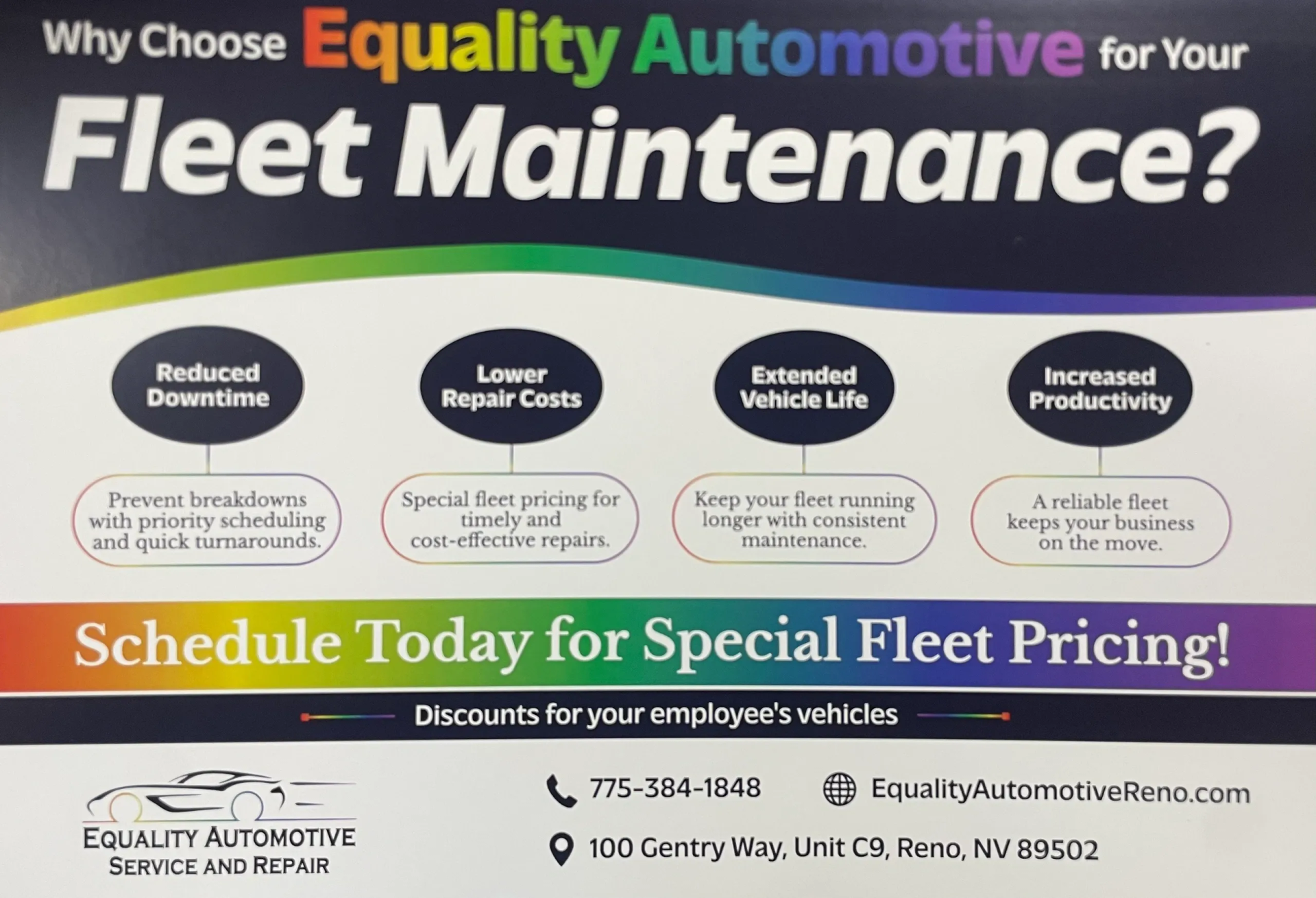 Flyer for Equality Automotive offering fleet maintenance. Features logo, benefits (reduced downtime, lower repair costs, etc.), contact info. | Equality Automotive