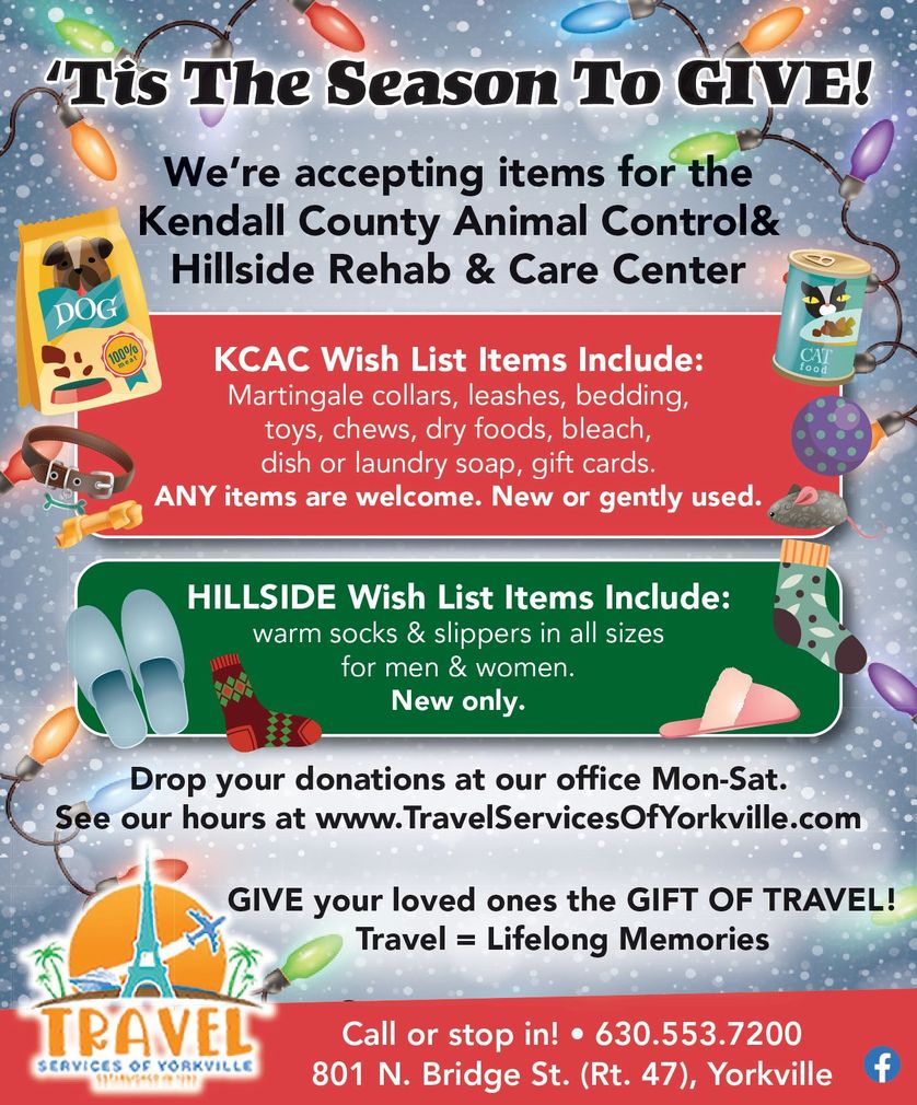 An advertisement for kendall county animal control and hillside rehab and care center