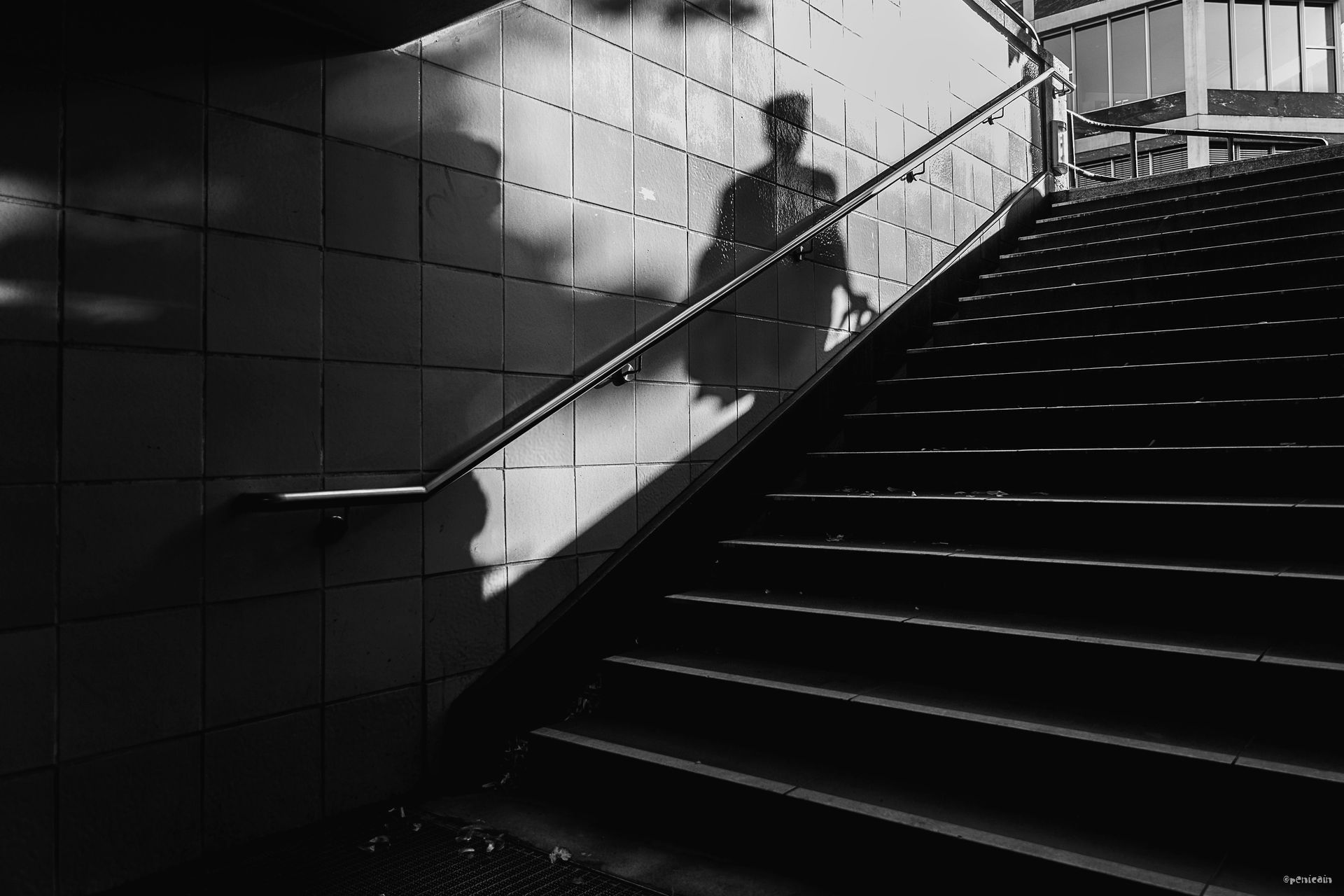 Black and white photo: Staircase leading up, shadow of a person walking up the stairs on the tiled wall.