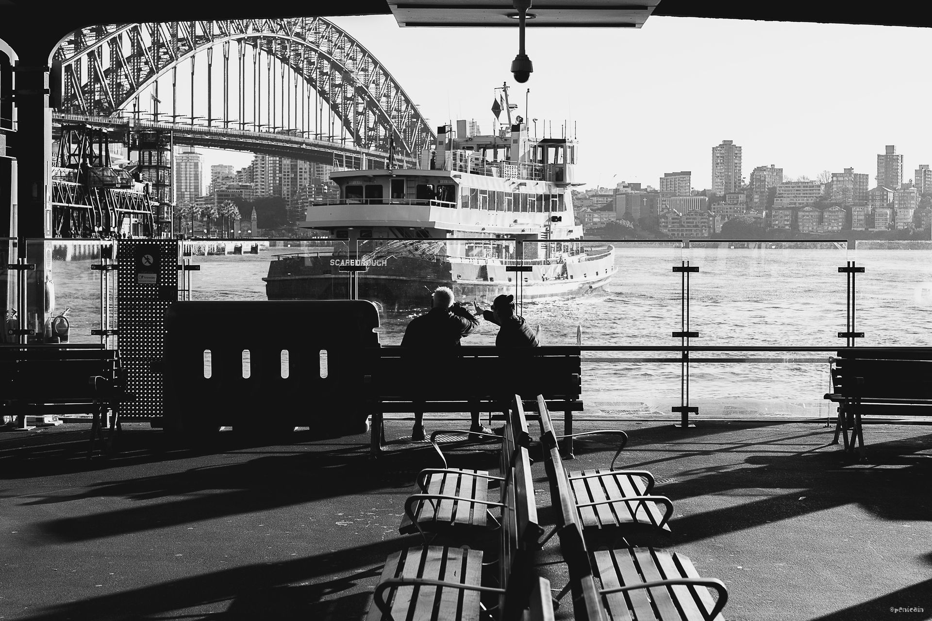 Sydney Harbour with the Harbour Bridge, ferry, and people seated on benches.