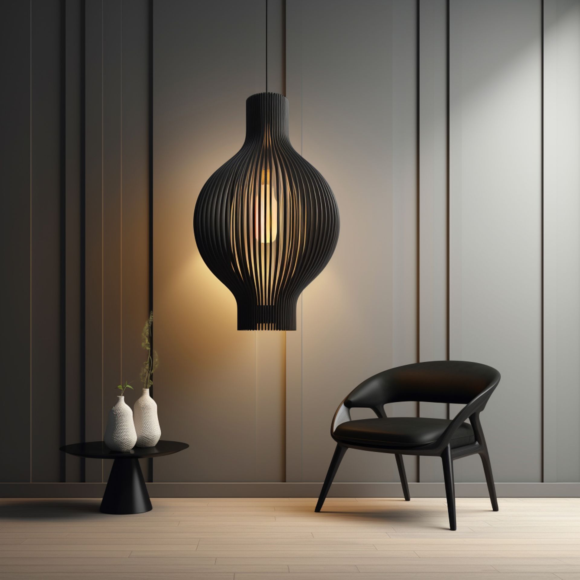 Modern interior with a black pendant lamp, chair, and side table. Grey panelled wall, wooden floor.