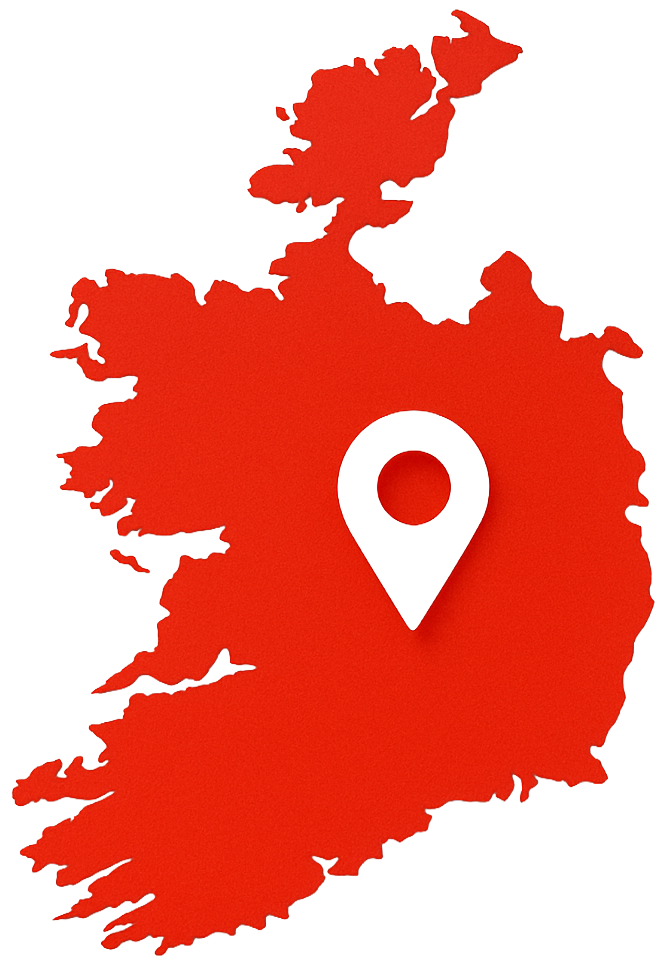 Red outline of Ireland with white location marker.