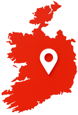 Red outline of Ireland with white location marker.