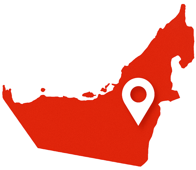 Red map of UAE with white location marker.