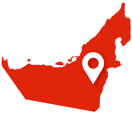Red map of UAE with white location marker.