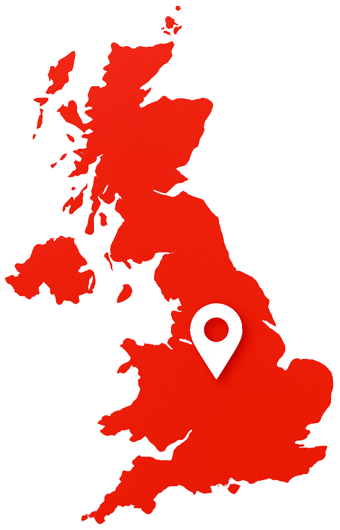 Red map of the UK with a white location marker over the East Midlands.