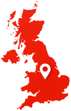 Red map of the UK with a white location marker over the East Midlands.