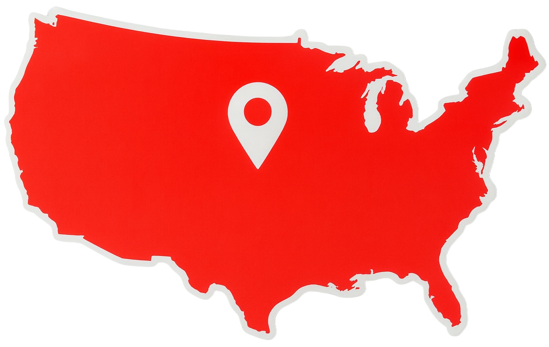 Red map of the United States with a location pin in the center.