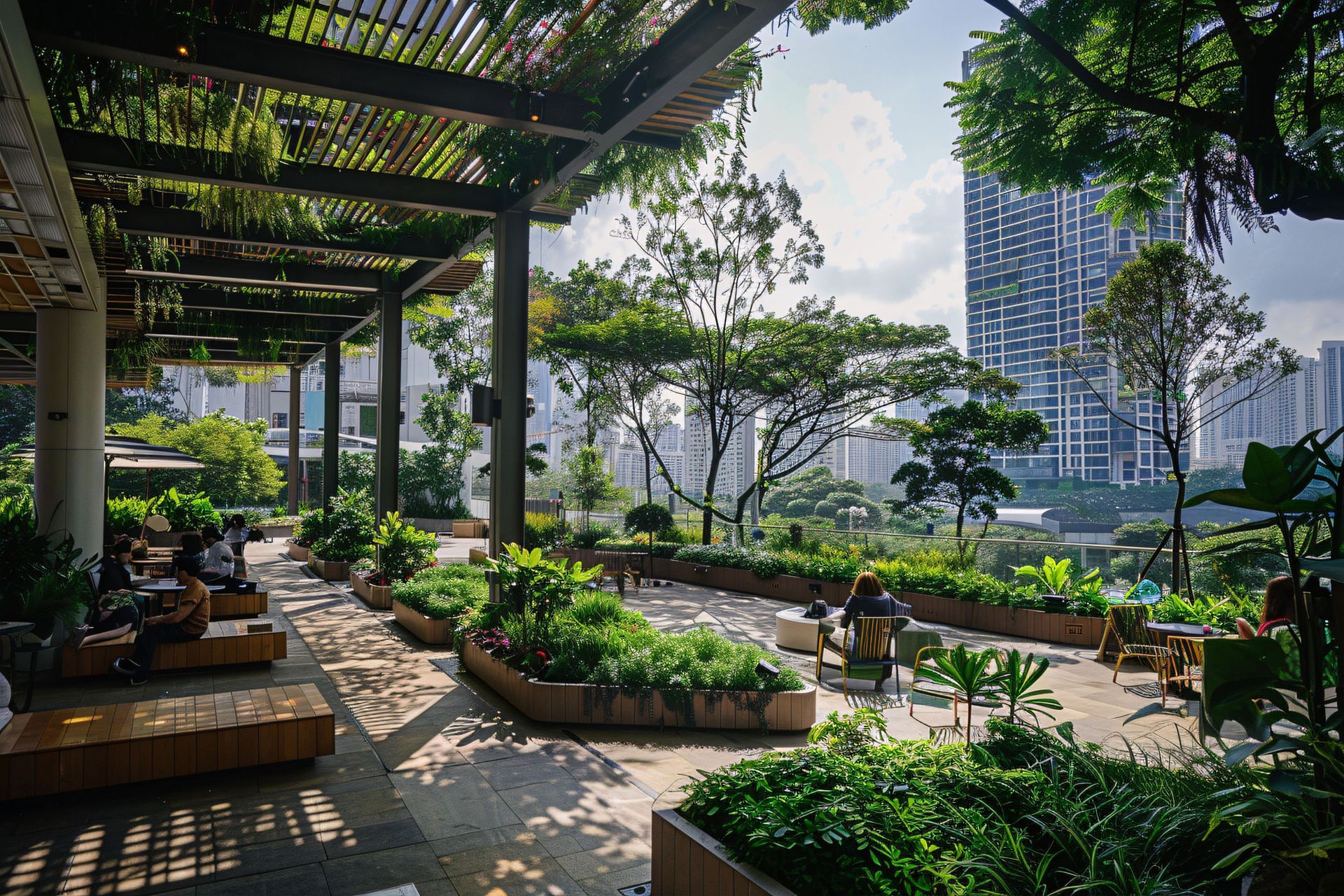 A green rooftop garden with a shaded seating area overlooking a city skyline.