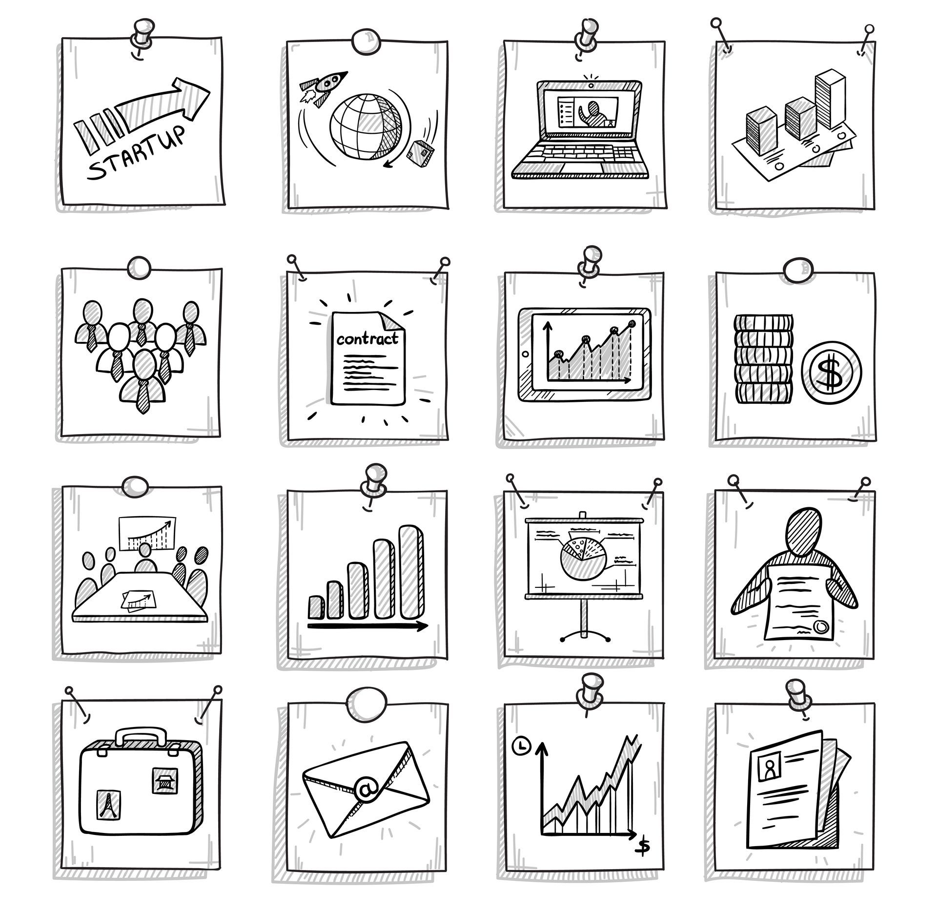 Collection of business-related sketch drawings pinned to notepaper: graphs, documents, laptop, startup, team.