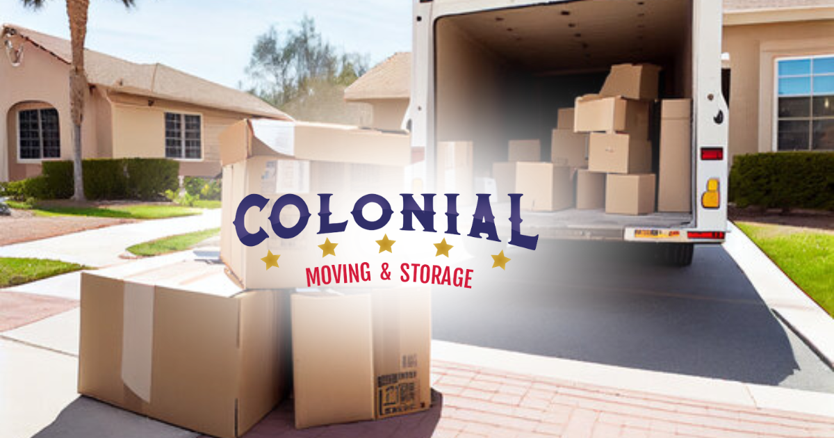 Colonial Moving & Storage truck unloading boxes outside a suburban home