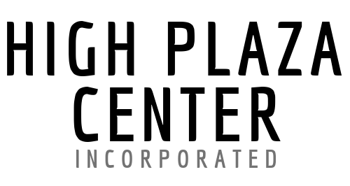The logo for high plaza center incorporated is black and white.