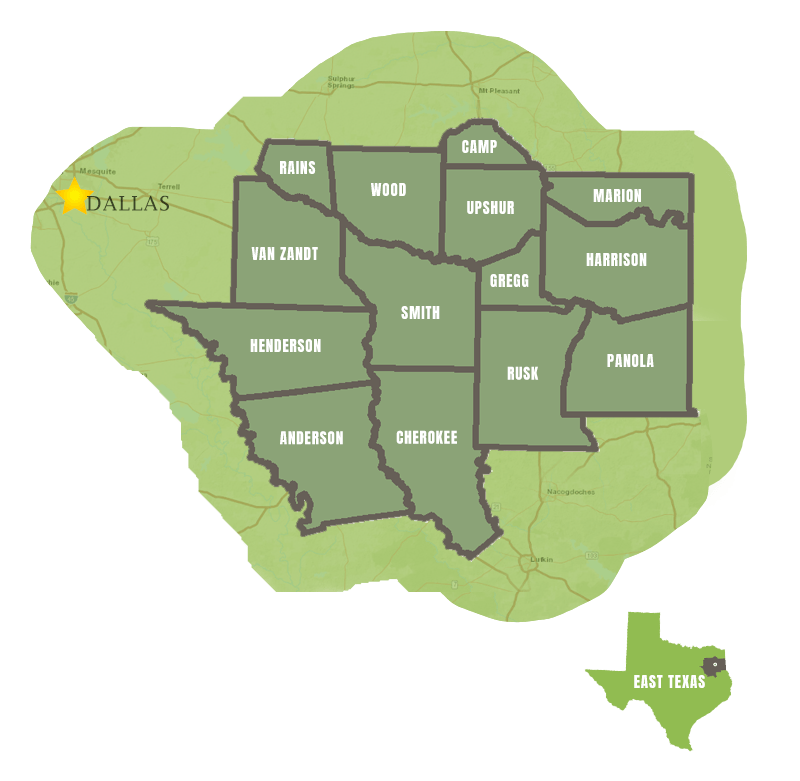 A green map of texas with dallas in the center