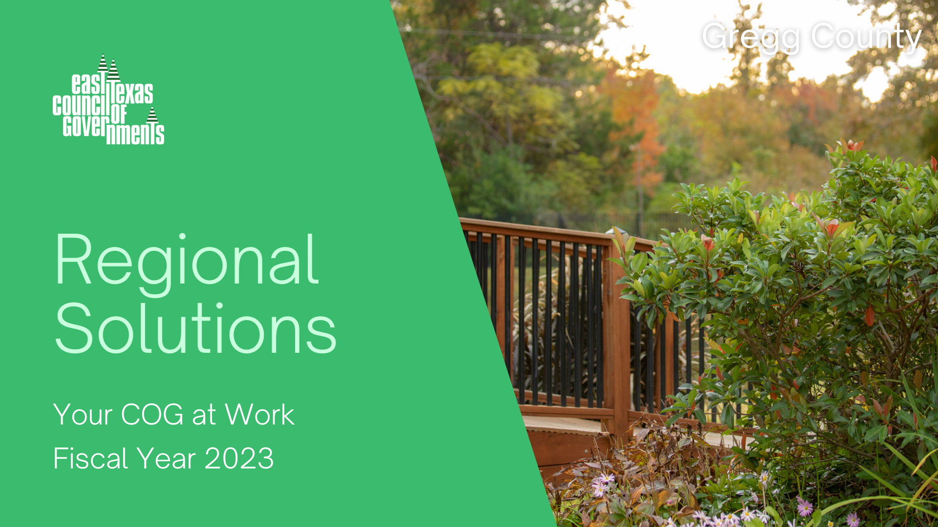 A green banner with the words `` regional solutions '' and a picture of a deck surrounded by trees.