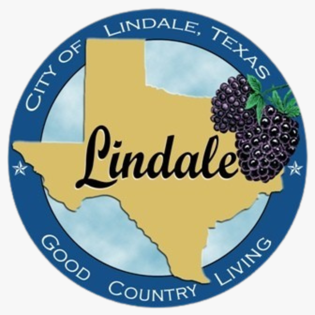 The official seal of Lindale, Texas, featuring a gold state map, black lettering, and a cluster of blackberries.