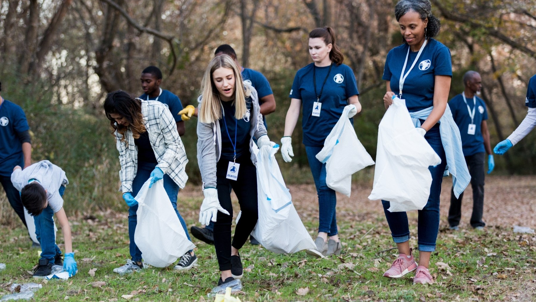 A group of people are cleaning a park with bags.