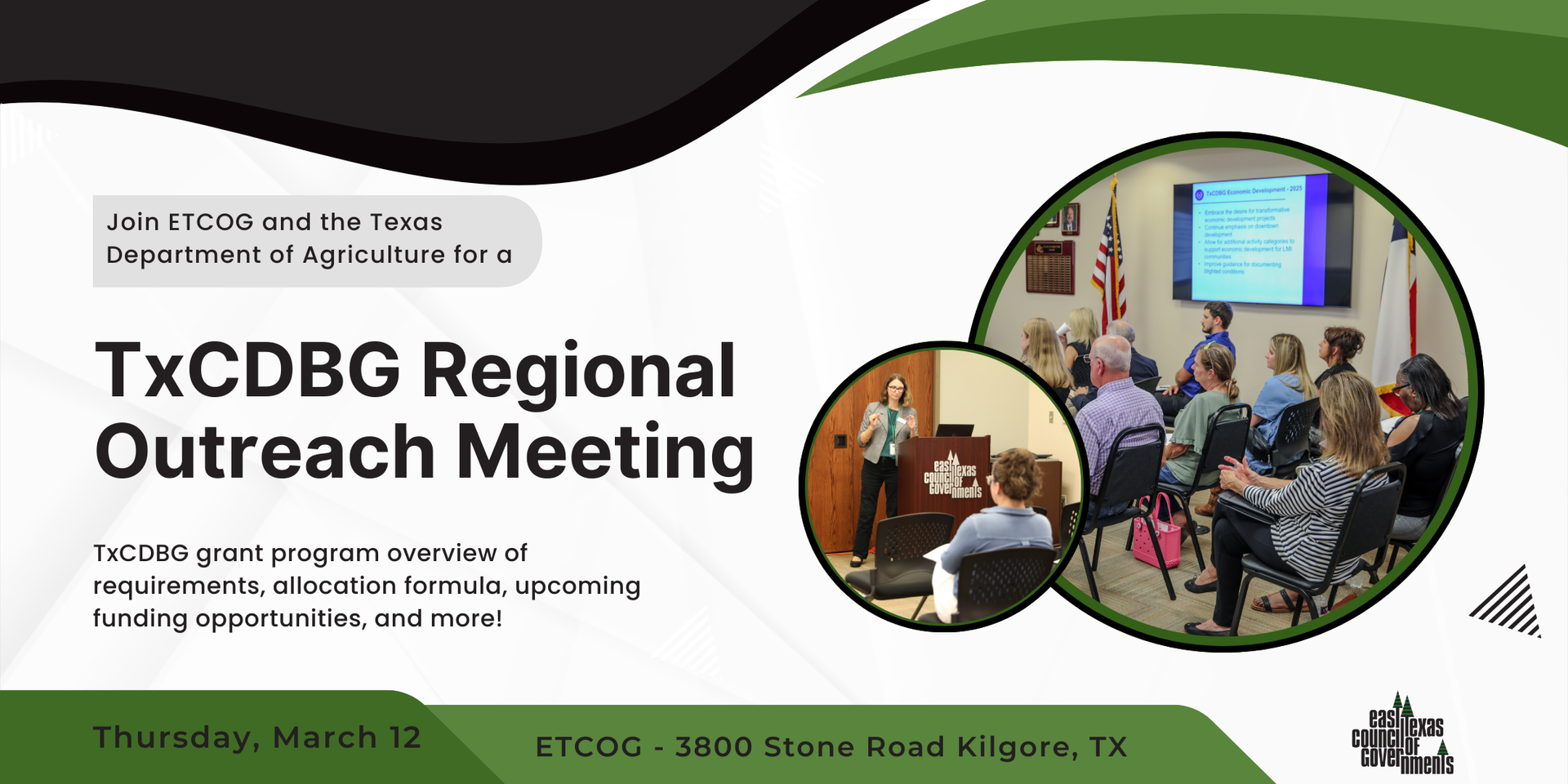 TxCDBG Regional Outreach Meeting flyer. Features photos of a presentation in progress.
