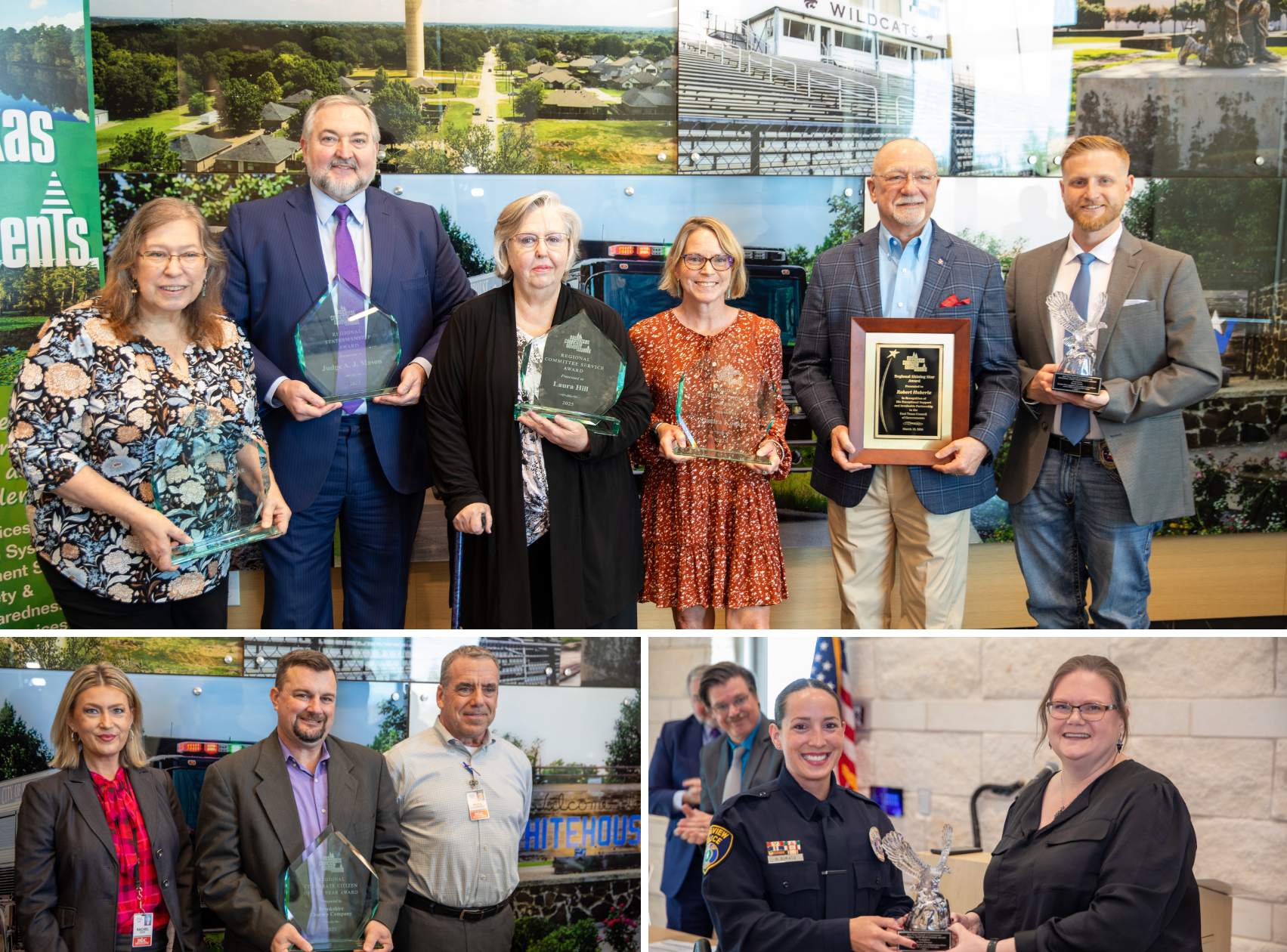 A group of six people on the left and two people on the right holding awards at an indoor ceremony or event.