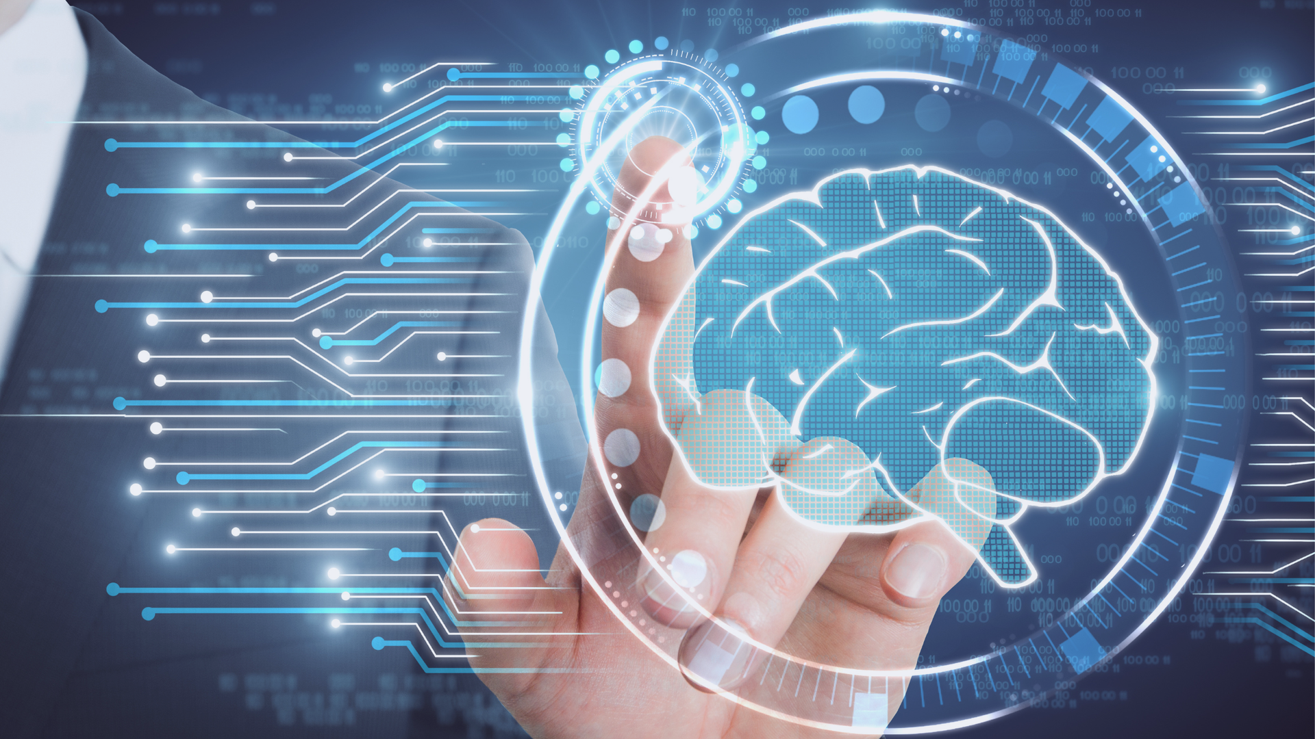 A person in a suit touches a glowing digital brain icon surrounded by circuit patterns and data visualizations.