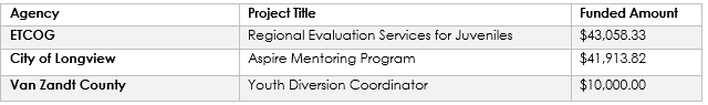 Table: Agency, Project Title, and Funded Amount. Agencies include BCDCG, City of Longview, and Van Zandt County.